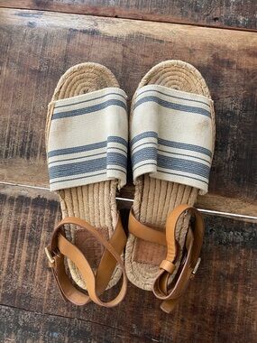 Tory Burch Tan Leather Espadrille Sandals with Natural Rope Footbed